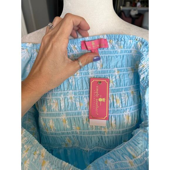 Simply southern NWT sz L puff sleeve, smock chest blue floral dress, cotton - Picture 6 of 11